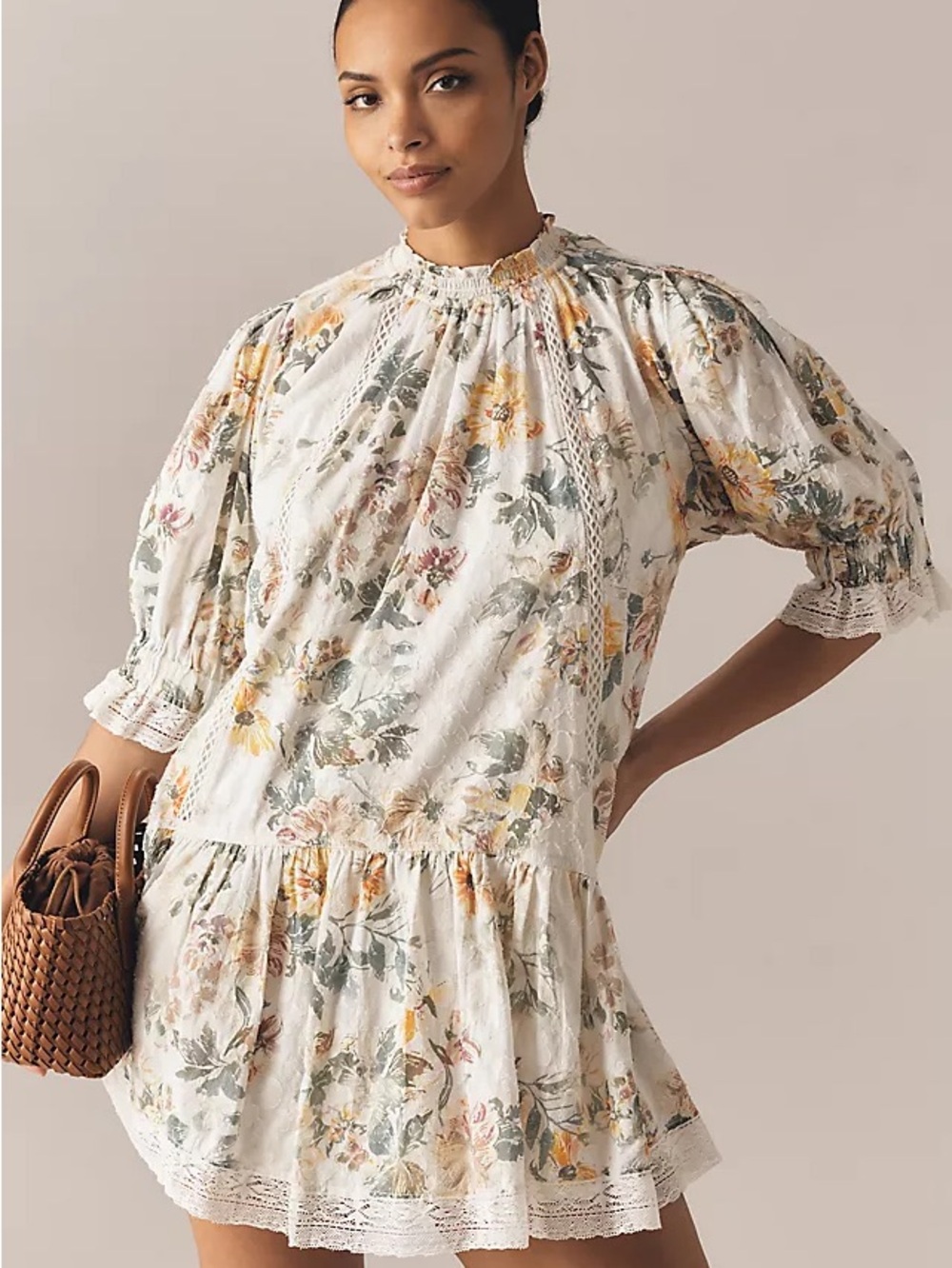 Pilcro Cream Floral Babydoll Dress with Green and Yellow Botanicals